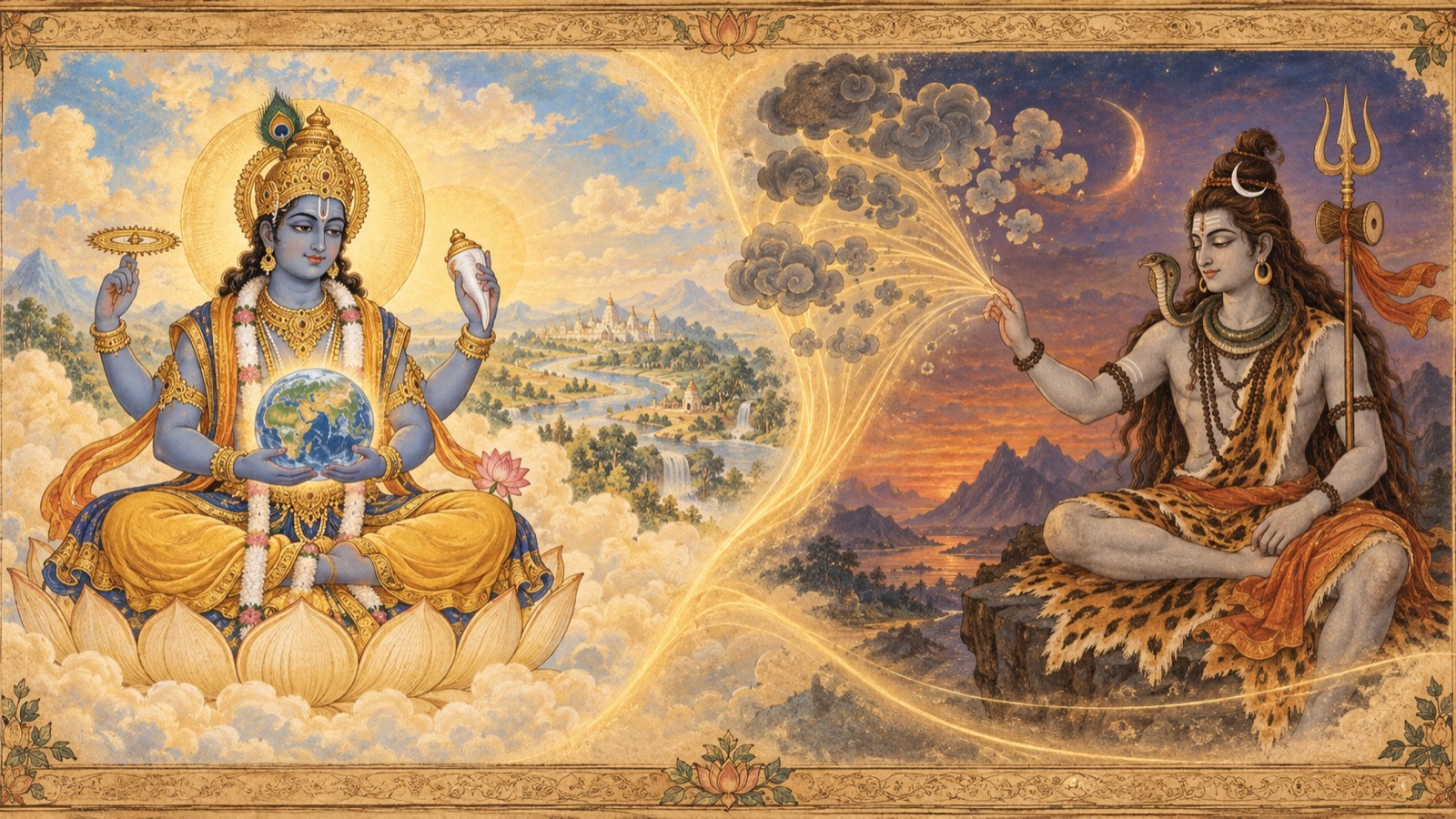 The Lord as Vishnu preserving the universe on one side and as Rudra dissolving it on the other