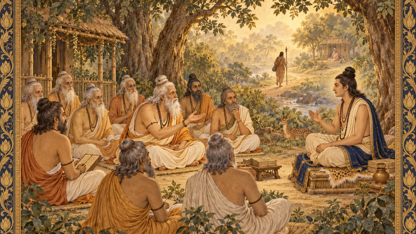 The sage Saunaka asking Suta Gosvami about Vidura's pilgrimage and his meeting with the sage Maitreya