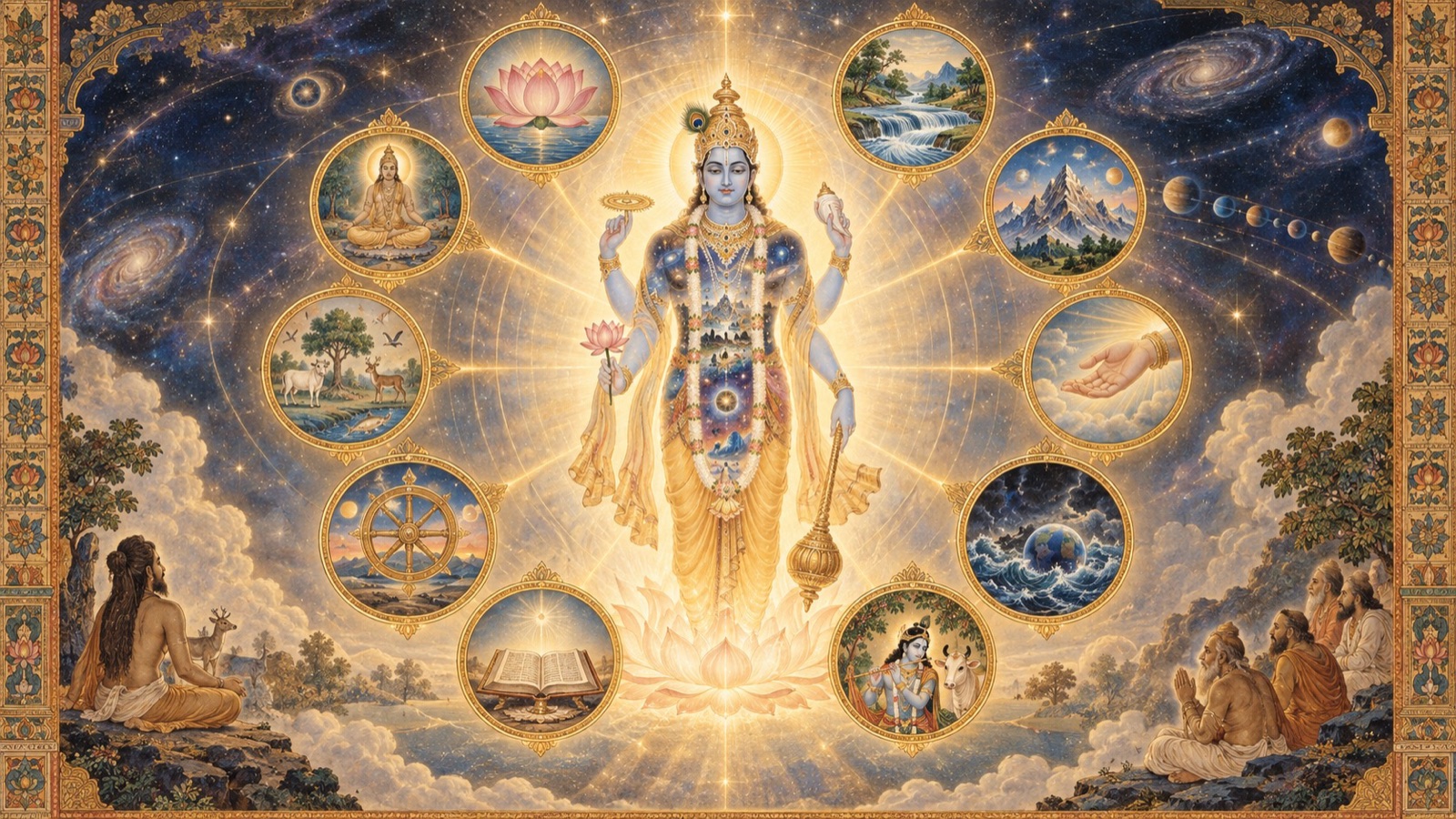 A radiant central figure of the Cosmic Being surrounded by symbolic vignettes of the ten characteristic topics of the Bhagavata