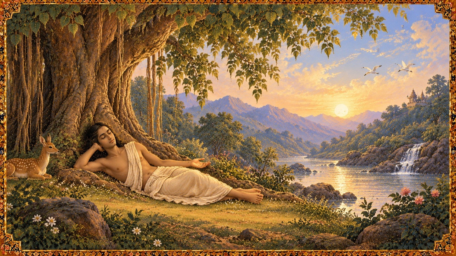 A renunciate resting content beneath the open sky, needing nothing the earth, the trees, and the rivers do not already freely give