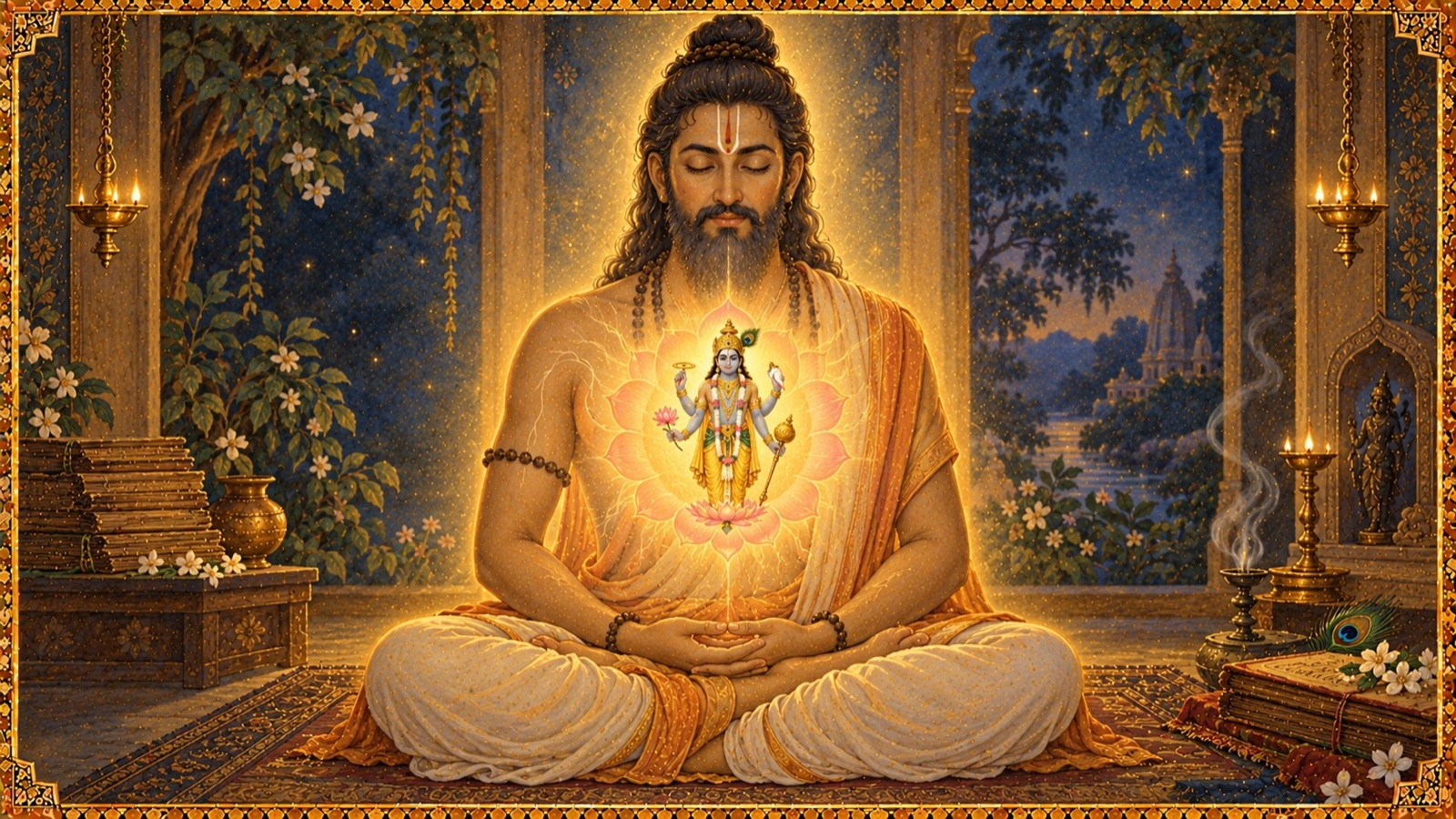 The Lord's tender four-armed form, bearing a lotus, a discus, a conch, and a mace, dwelling the size of a thumb within the lotus of the devotee's heart