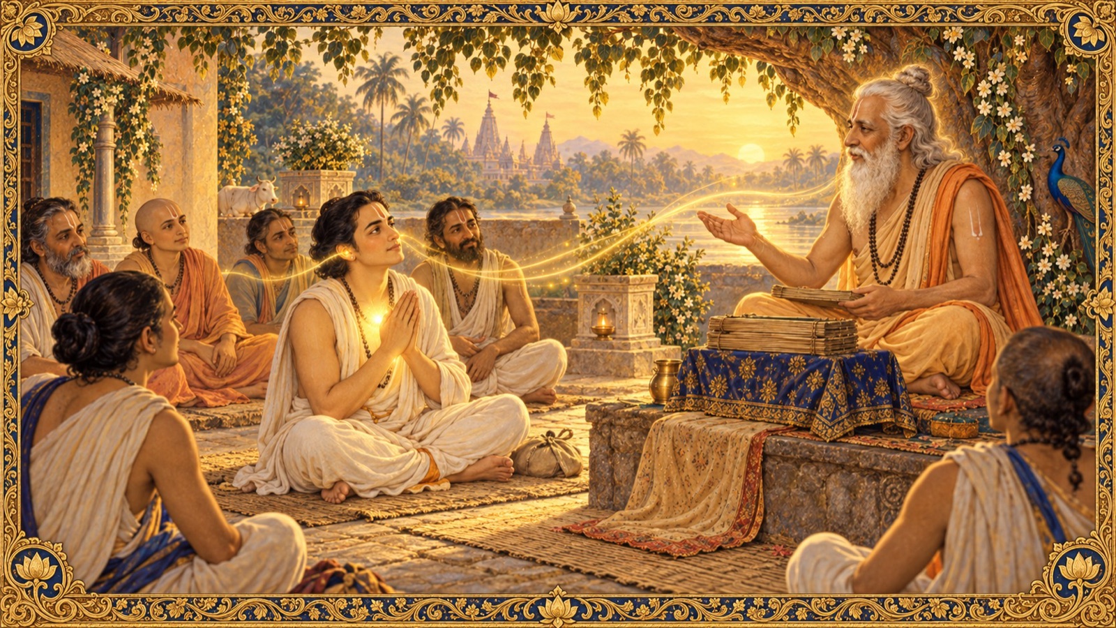 A devotee drinking in the nectar-like stories of the Lord through the ears, as holy men declare them