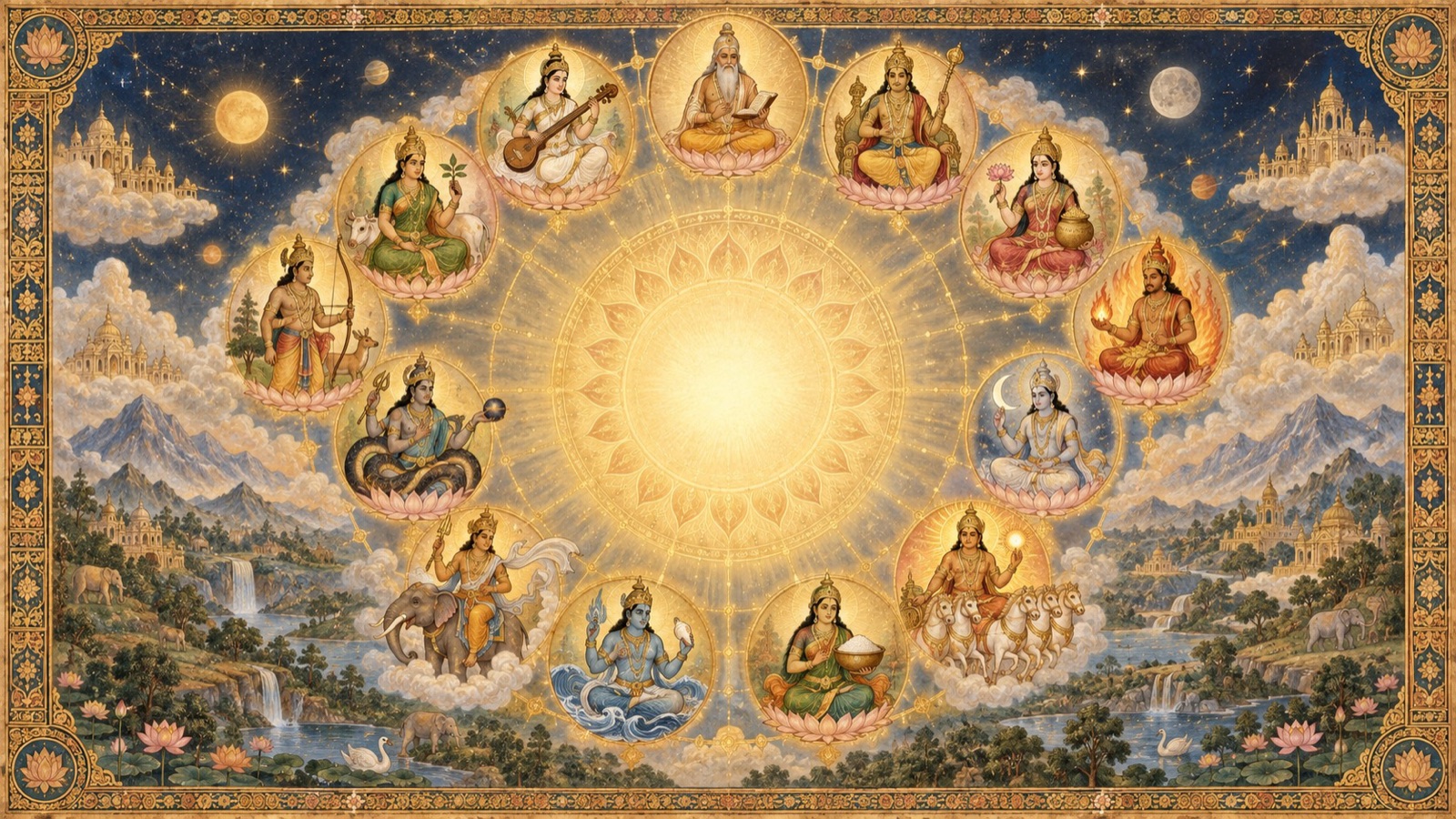 A great wheel of demigods, each approached for a different worldly desire, as Sukadeva enumerates them one by one