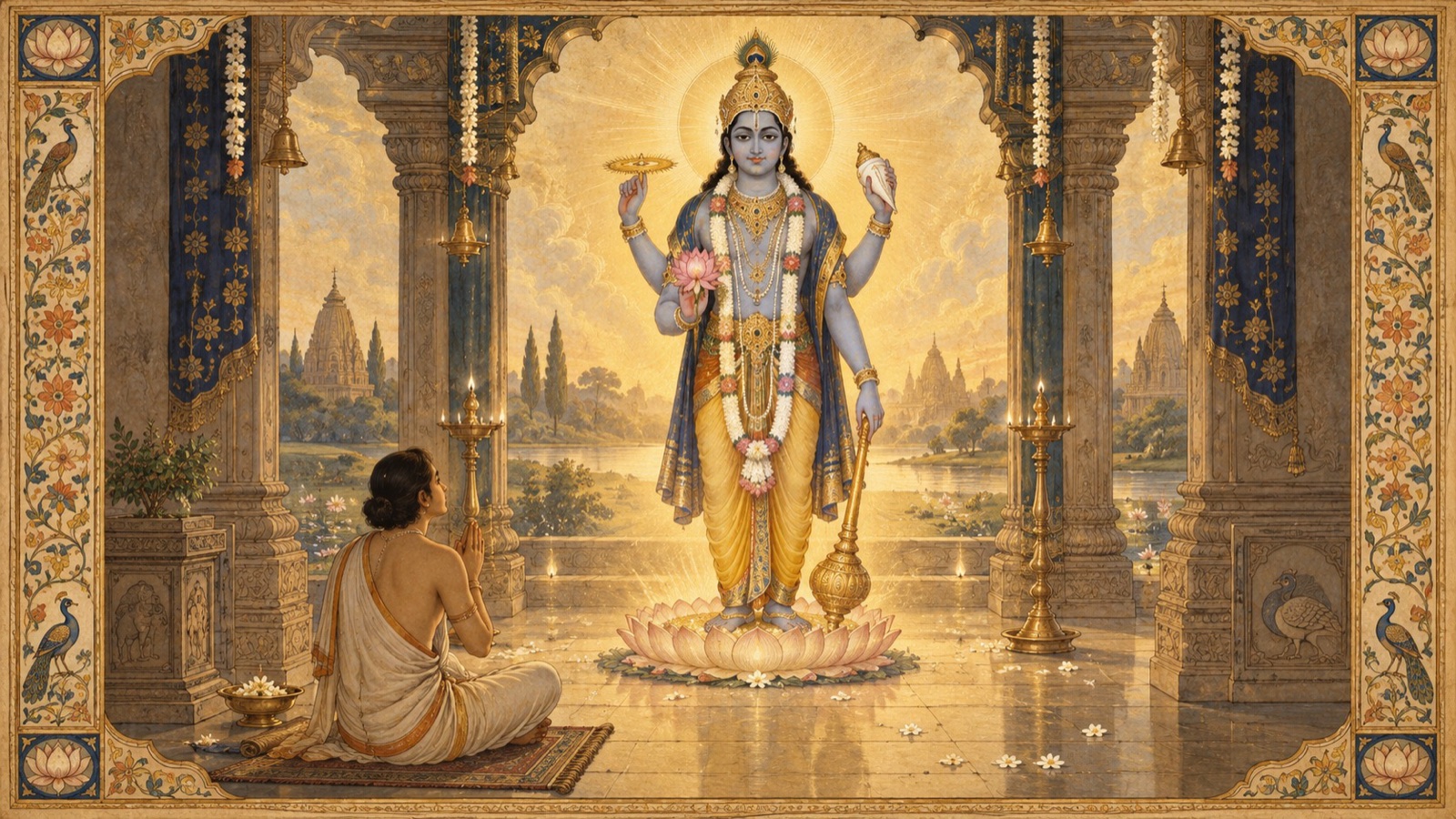 A devotee turning past many deities to bow before the Supreme Person alone