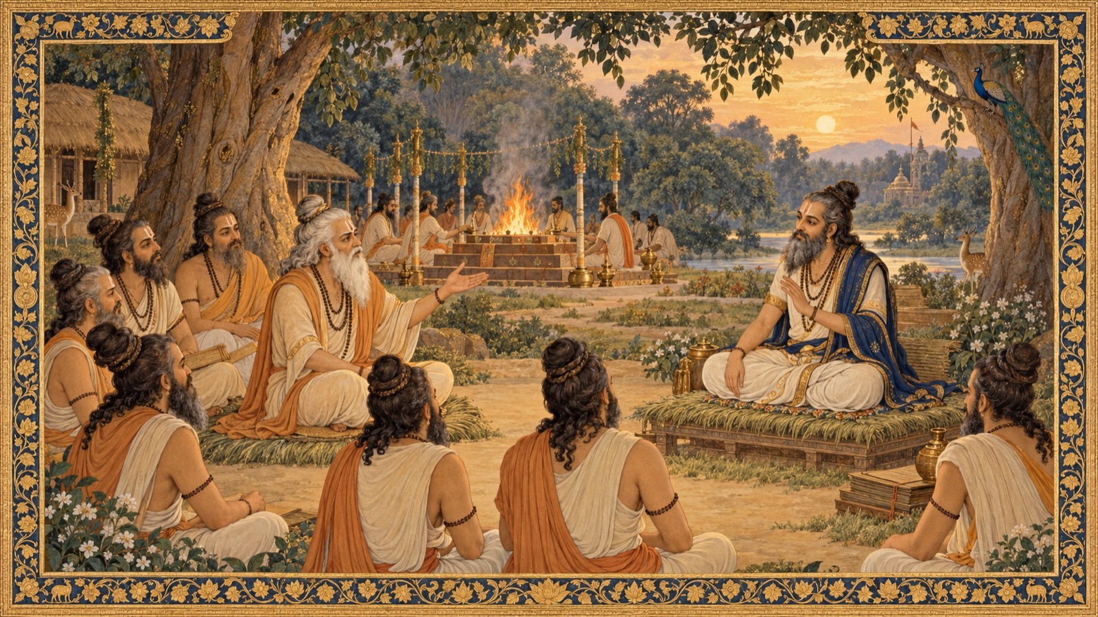 The sage Saunaka asking the narrator Suta Gosvami to continue the story of King Parikshit and Sukadeva Goswami