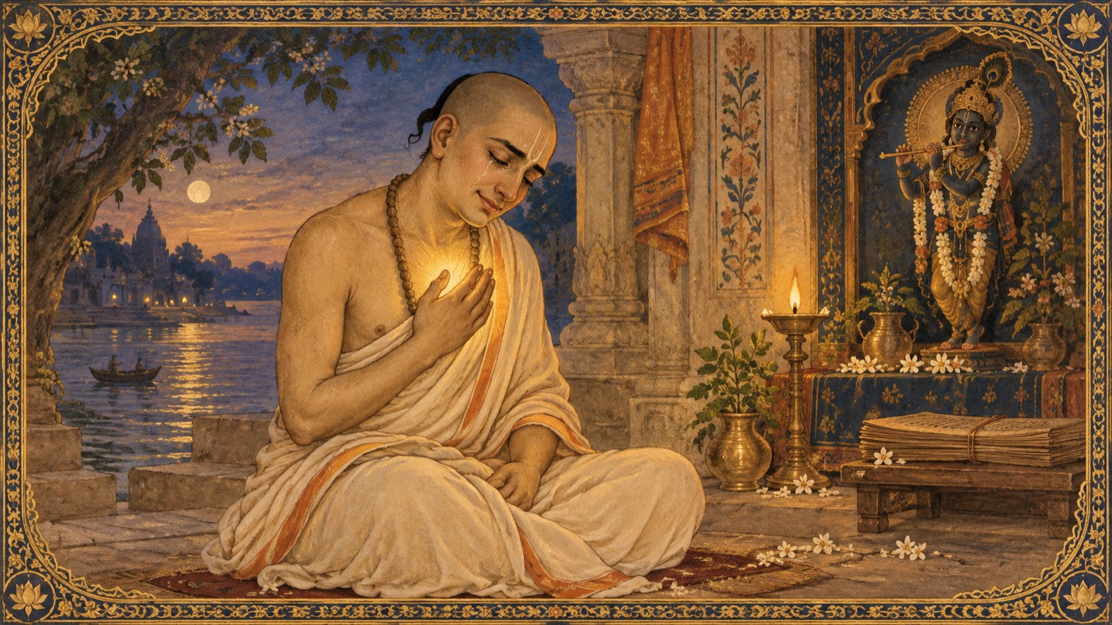 A devotee's heart melting on hearing the Lord's holy names, tears filling the eyes