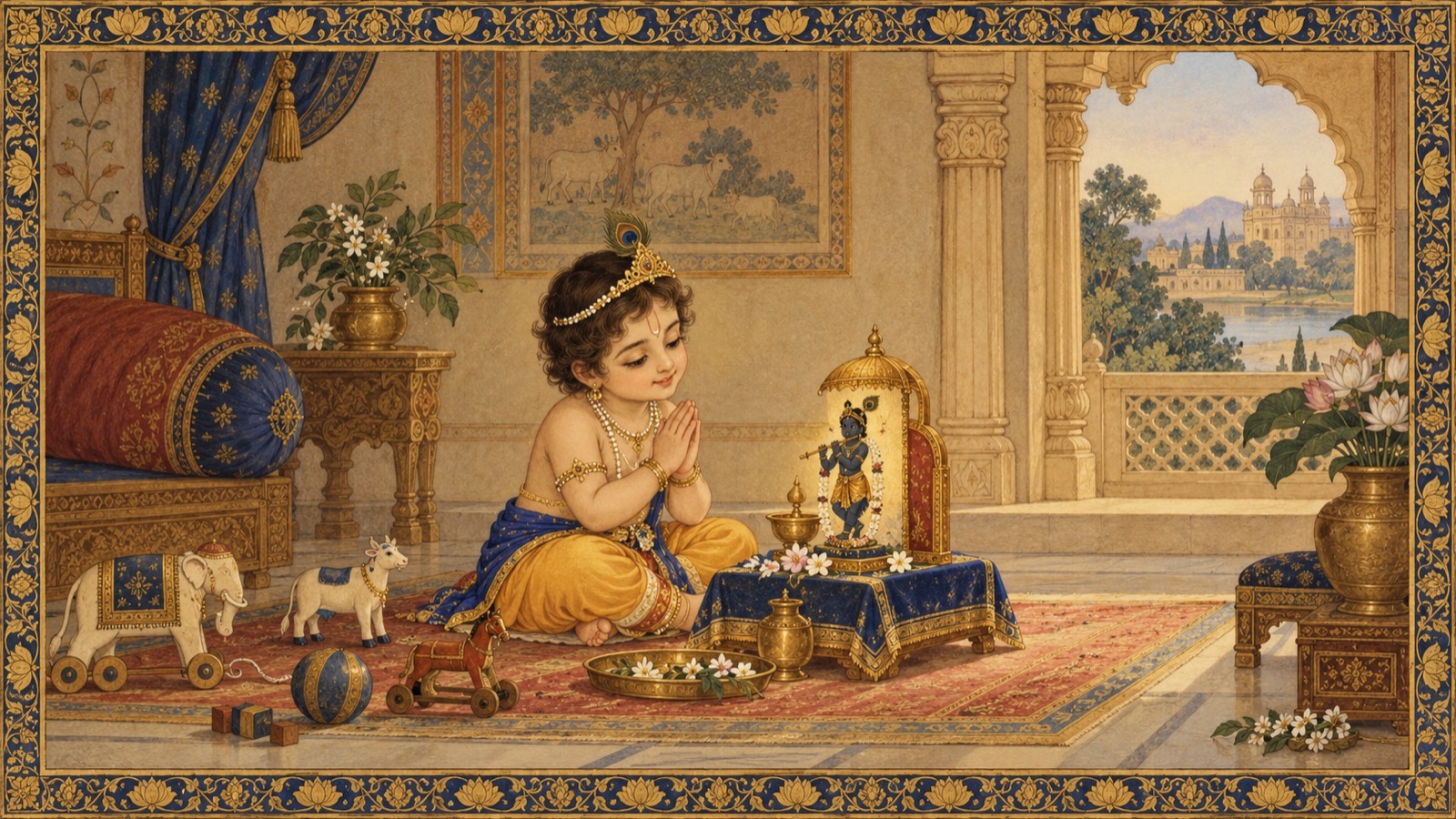 A young Parikshit worshipping Sri Krishna as one of his childhood games
