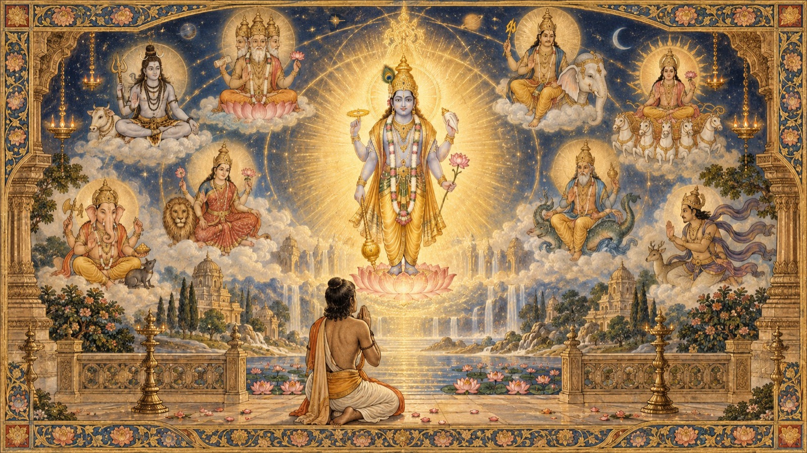 A ring of demigods surrounding a radiant assembly, while a single devotee turns past them all toward the Supreme Person