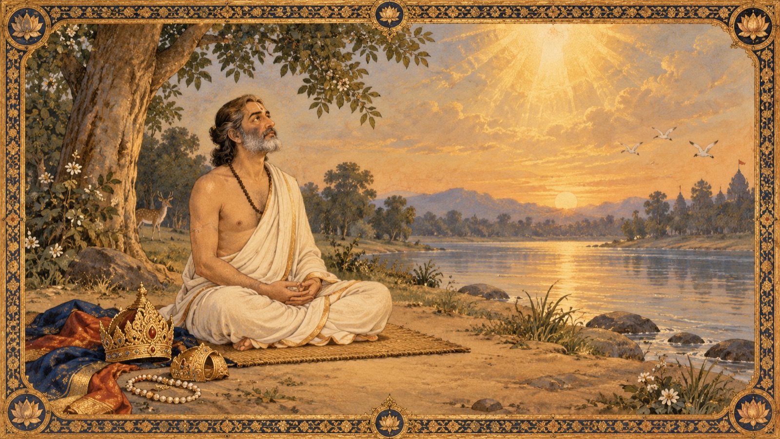 King Parikshit's grip on kingdom, kin, and body loosening as his mind turns wholly toward Sri Krishna's feet