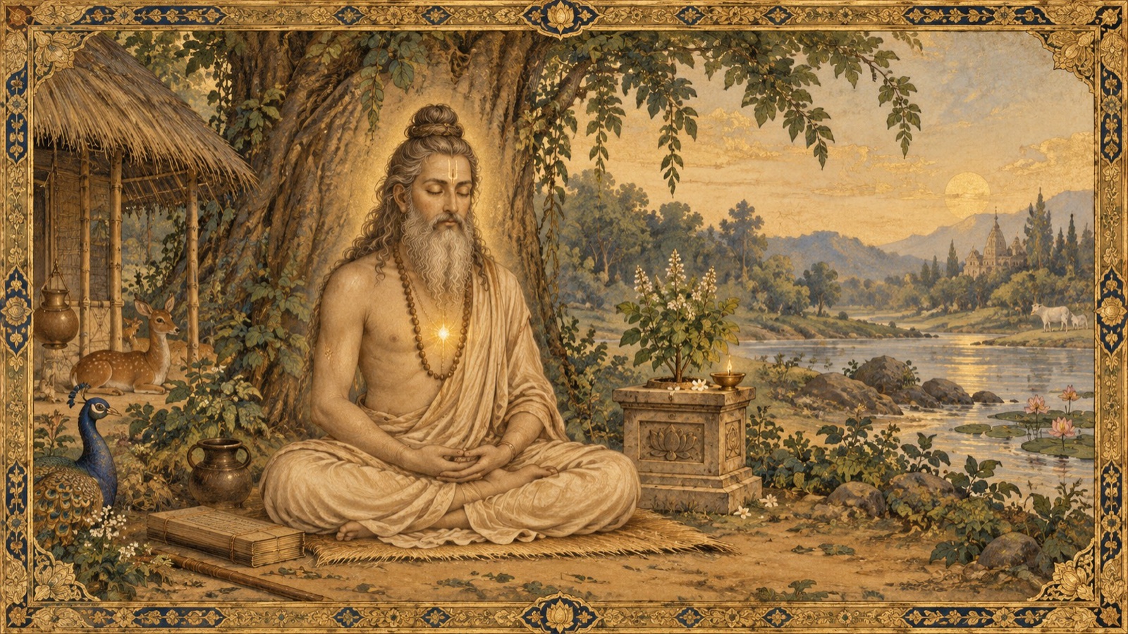 Sukadeva Goswami fixing his thought on Sri Krishna before beginning to speak
