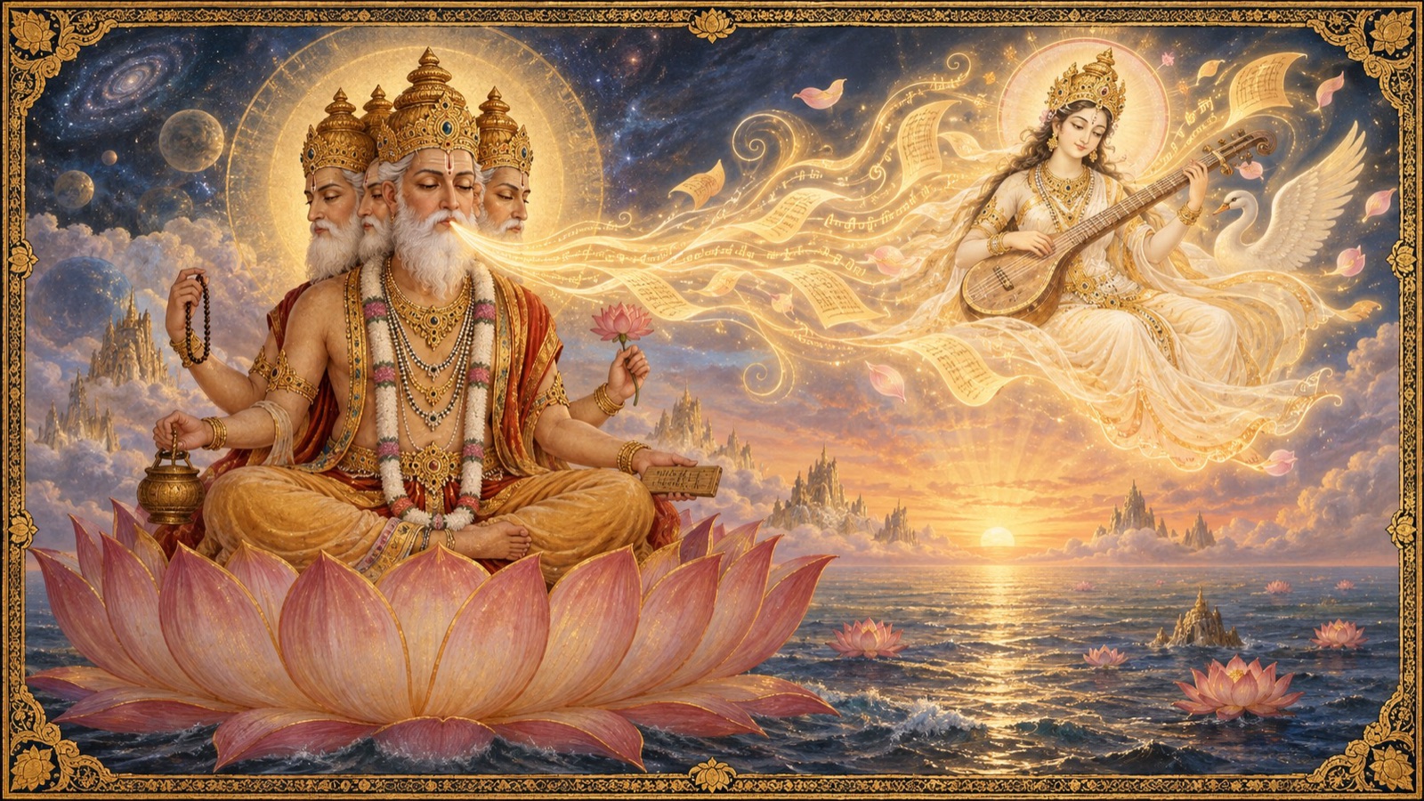 The goddess Saraswati appearing from Brahma's mouth as the Vedas at the dawn of creation