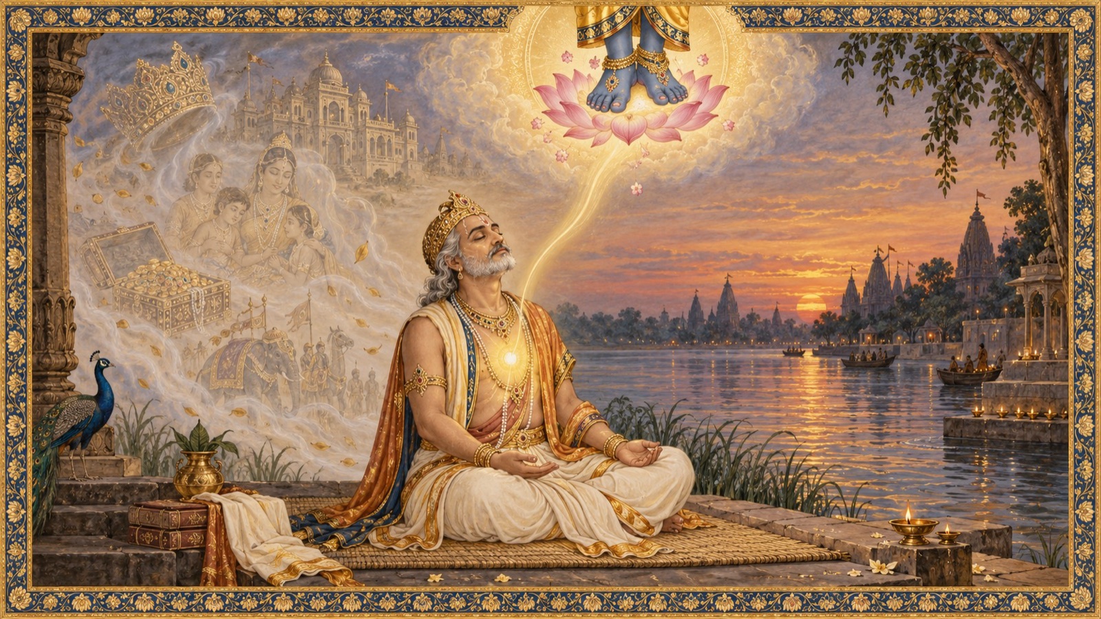 King Parikshit's mind fixed at last on Sri Krishna's feet, every attachment falling quietly away