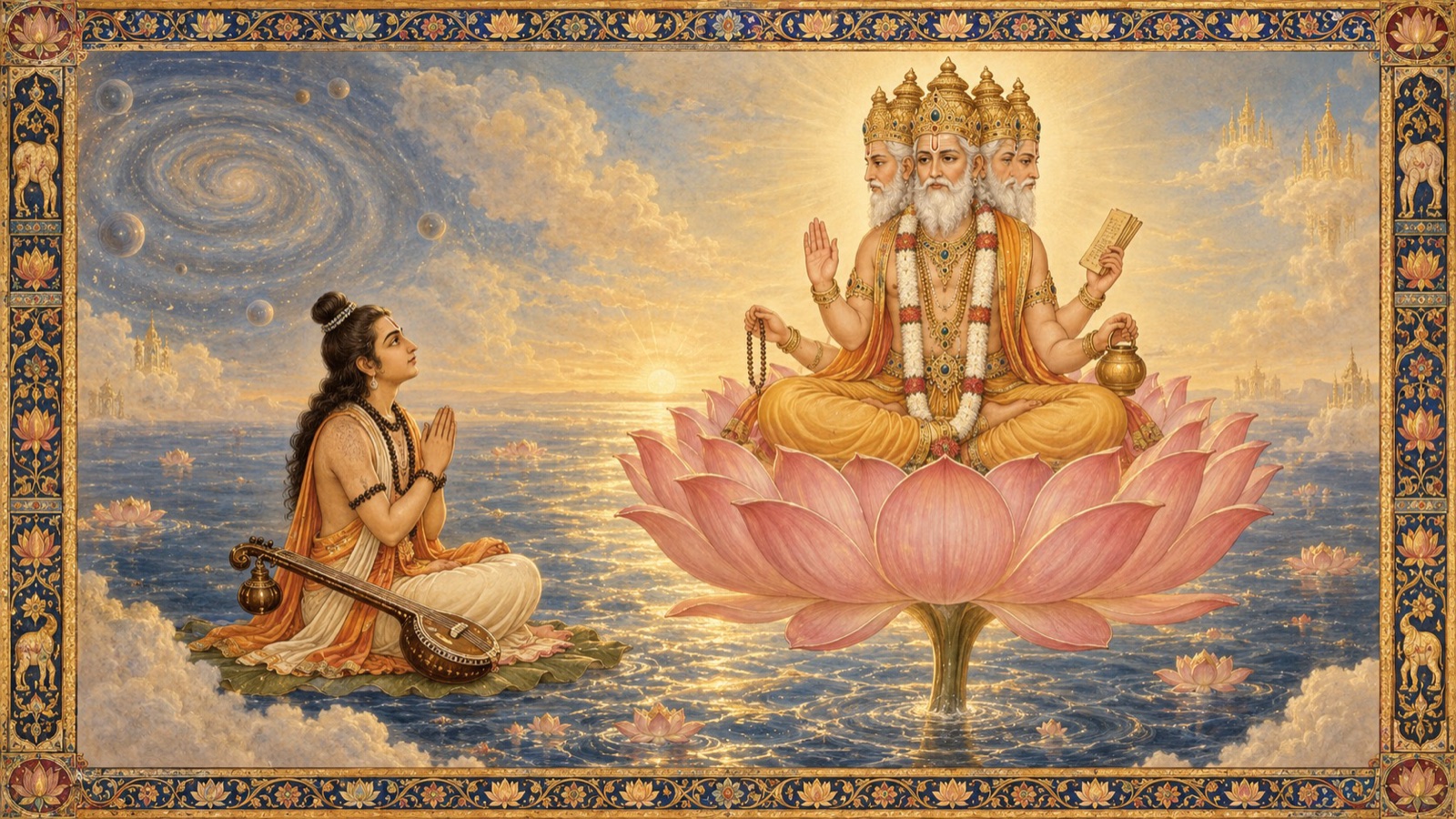 The sage Narada bowing before four-headed Brahma on the cosmic lotus, asking about the truth of the universe