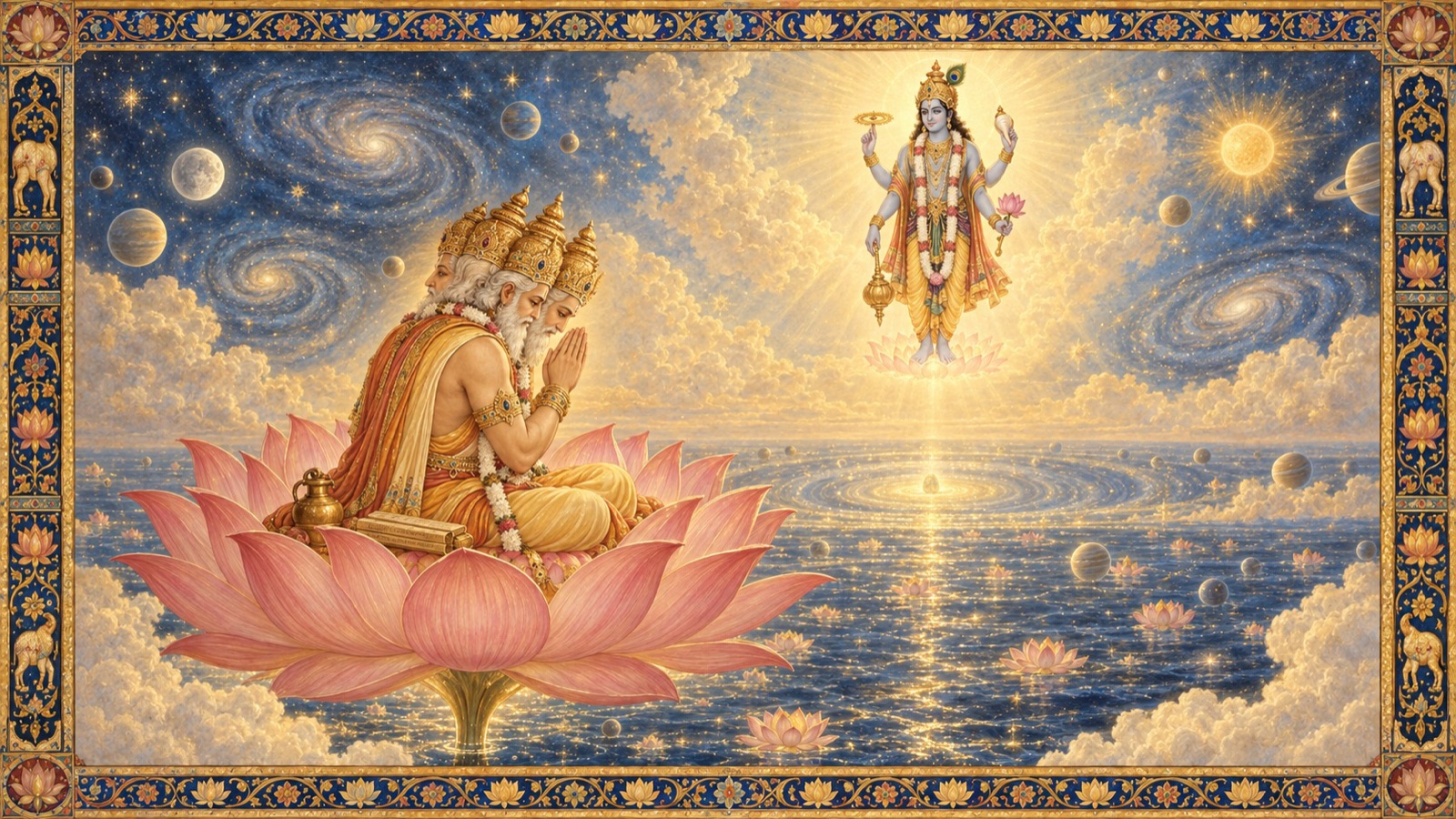 Brahma bowing in meditation before a radiant vision of Lord Vasudeva, acknowledging Him as the true source of creation