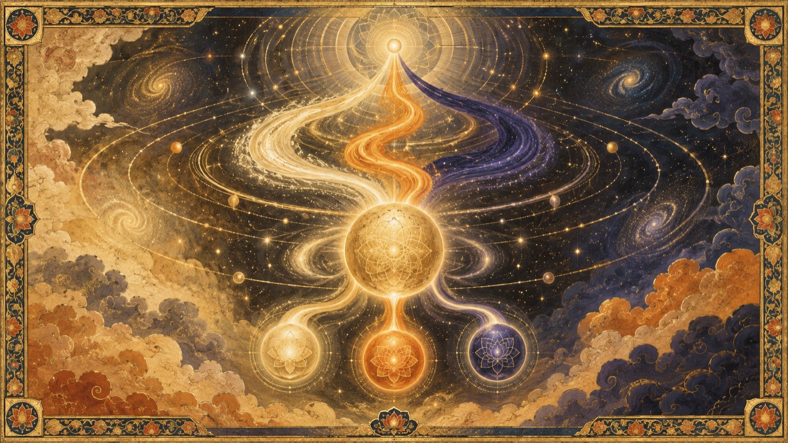 The three Gunas stirred at the dawn of creation, evolving into cosmic intelligence and the threefold ego