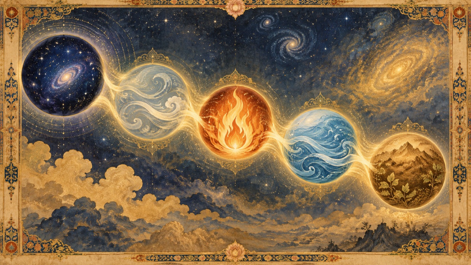 The five gross elements unfolding in sequence from ether to air, fire, water, and earth