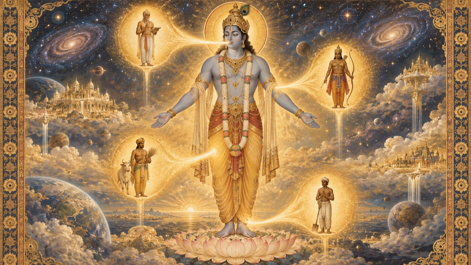 The four orders of society symbolically emanating from the mouth, arms, thighs, and feet of the Cosmic Being