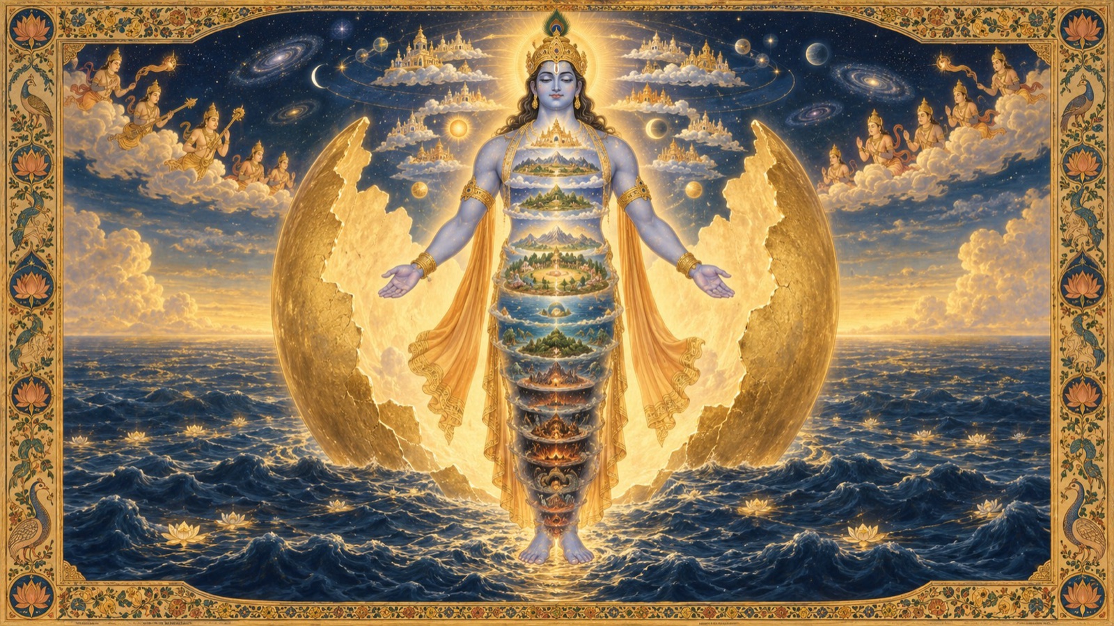 The Cosmic Being emerging from a golden cosmic egg on the causal waters, the worlds of the universe held within His luminous form