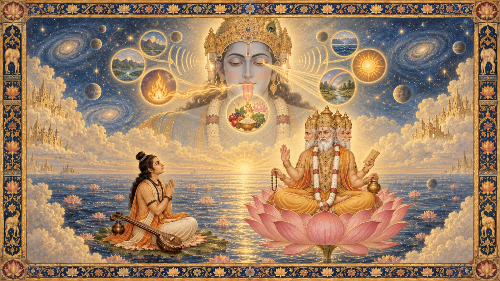 Brahma seated in discourse, gesturing toward the luminous mouth, eyes, and ears of the Cosmic Being