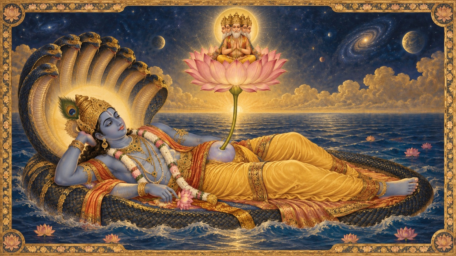 Brahma emerging from the lotus rising out of the navel of the reclining Cosmic Being