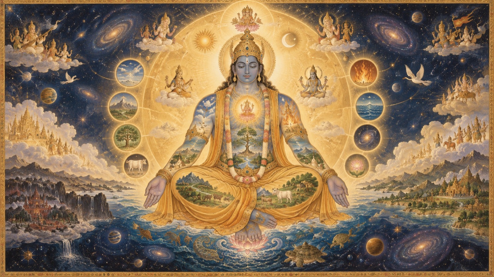 The Cosmic Being's limbs shown as the birthplace of every deity, element, and world of the universe