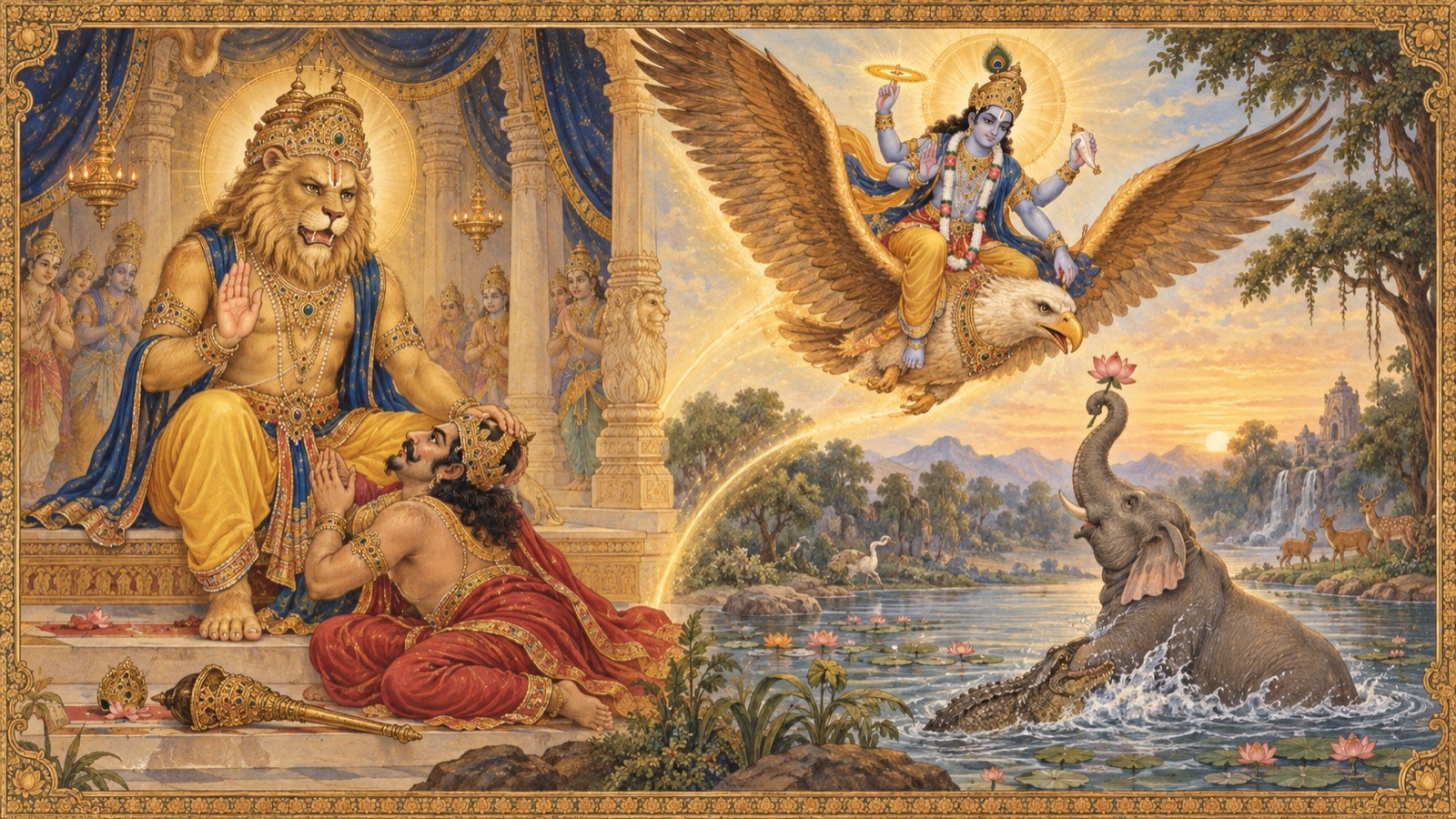 भगवान् नृसिंह एक दैत्य का वध करते हुए, तथा गरुड़ पर भगवान् हरि गजेन्द्र को मगरमच्छ से बचाते हुए