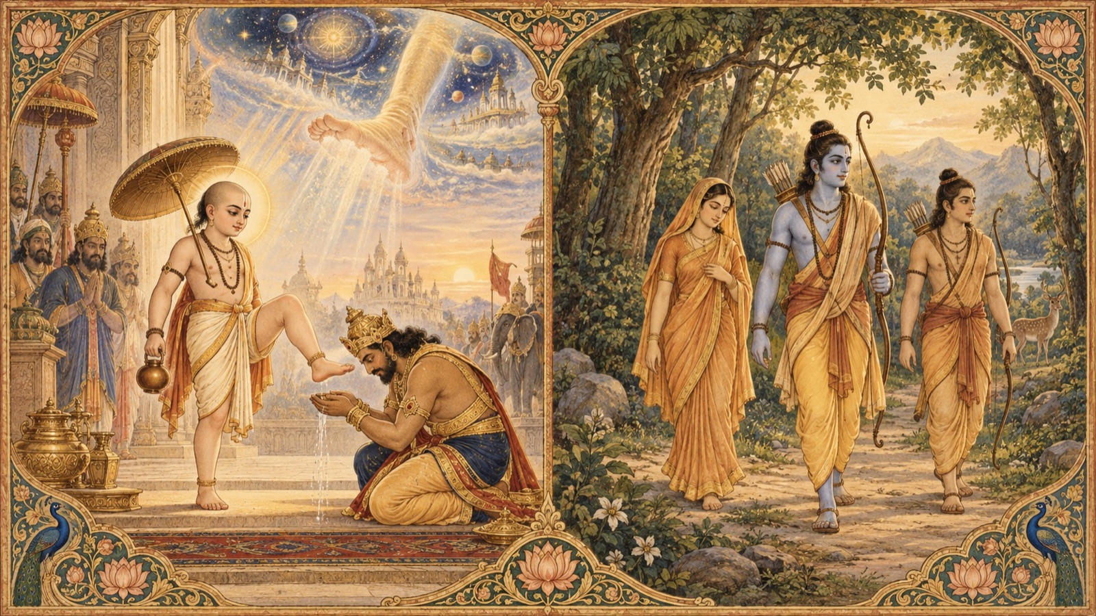 भगवान् वामन राजा बलि के समक्ष तीनों लोक नापते हुए, तथा भगवान् राम सीता तथा लक्ष्मण के साथ वन-वास पर जाते हुए