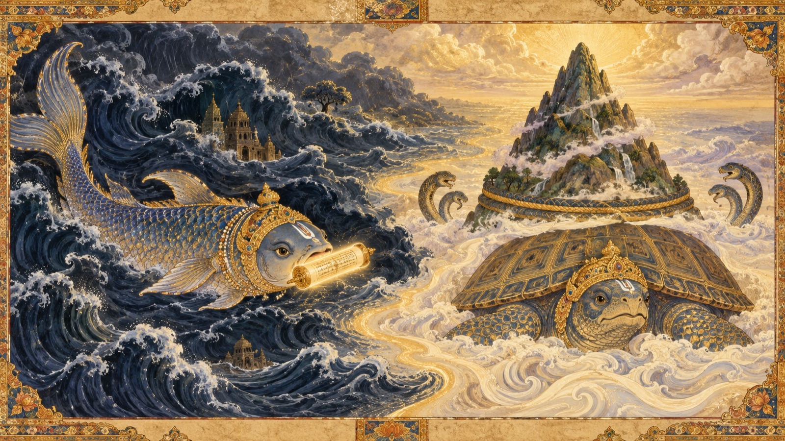 The divine Fish carrying the Vedas across the deluge and the divine Tortoise bearing Mount Mandara on its back