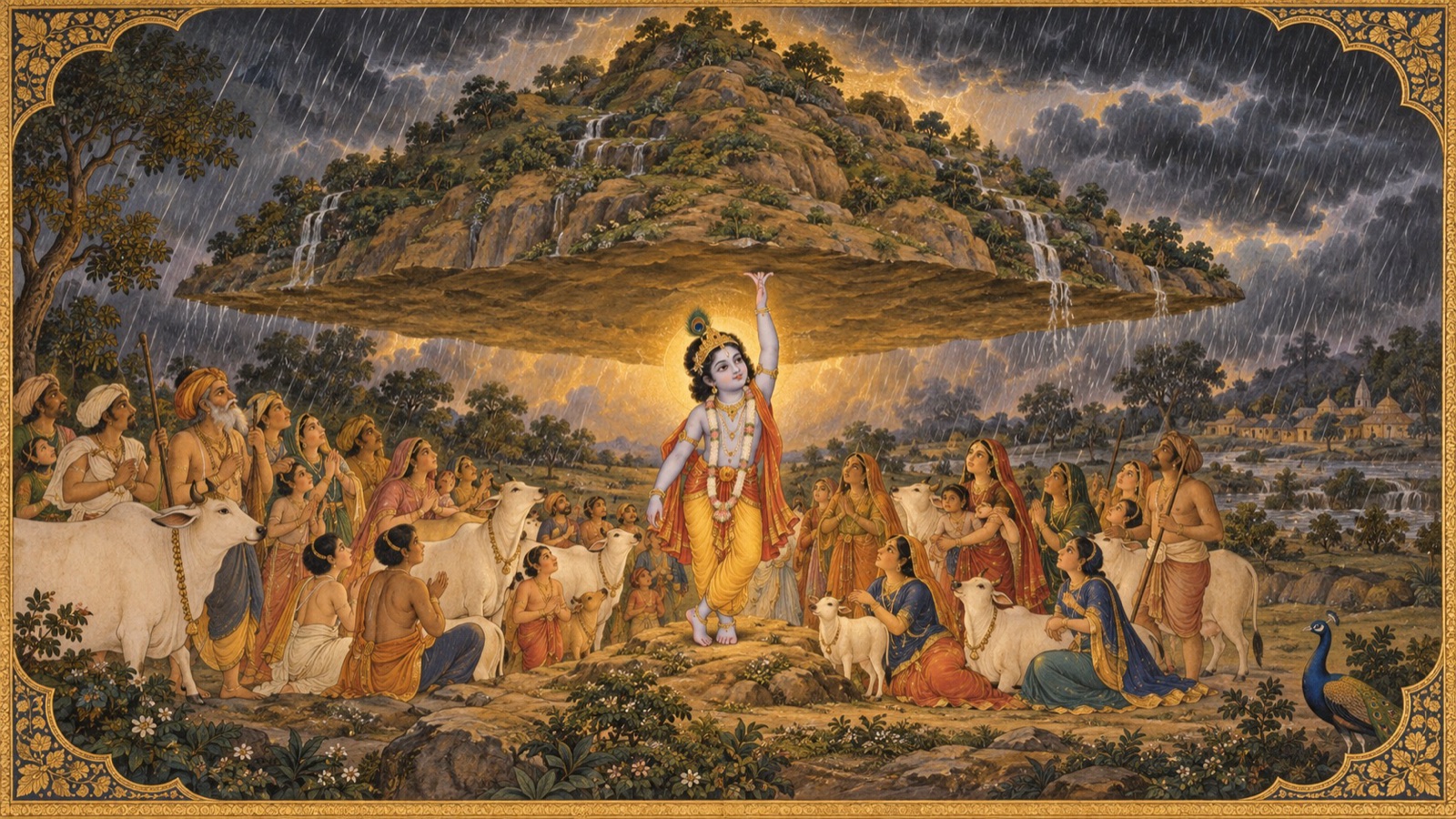 The young Lord Krishna lifting Mount Govardhana upon a fingertip to shelter the cowherd folk