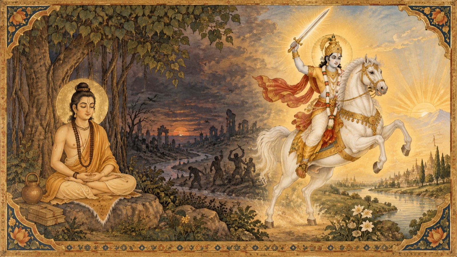 Two future descents of the Lord side by side: a serene teaching form and a mounted warrior form riding forth at the end of Kali-yuga