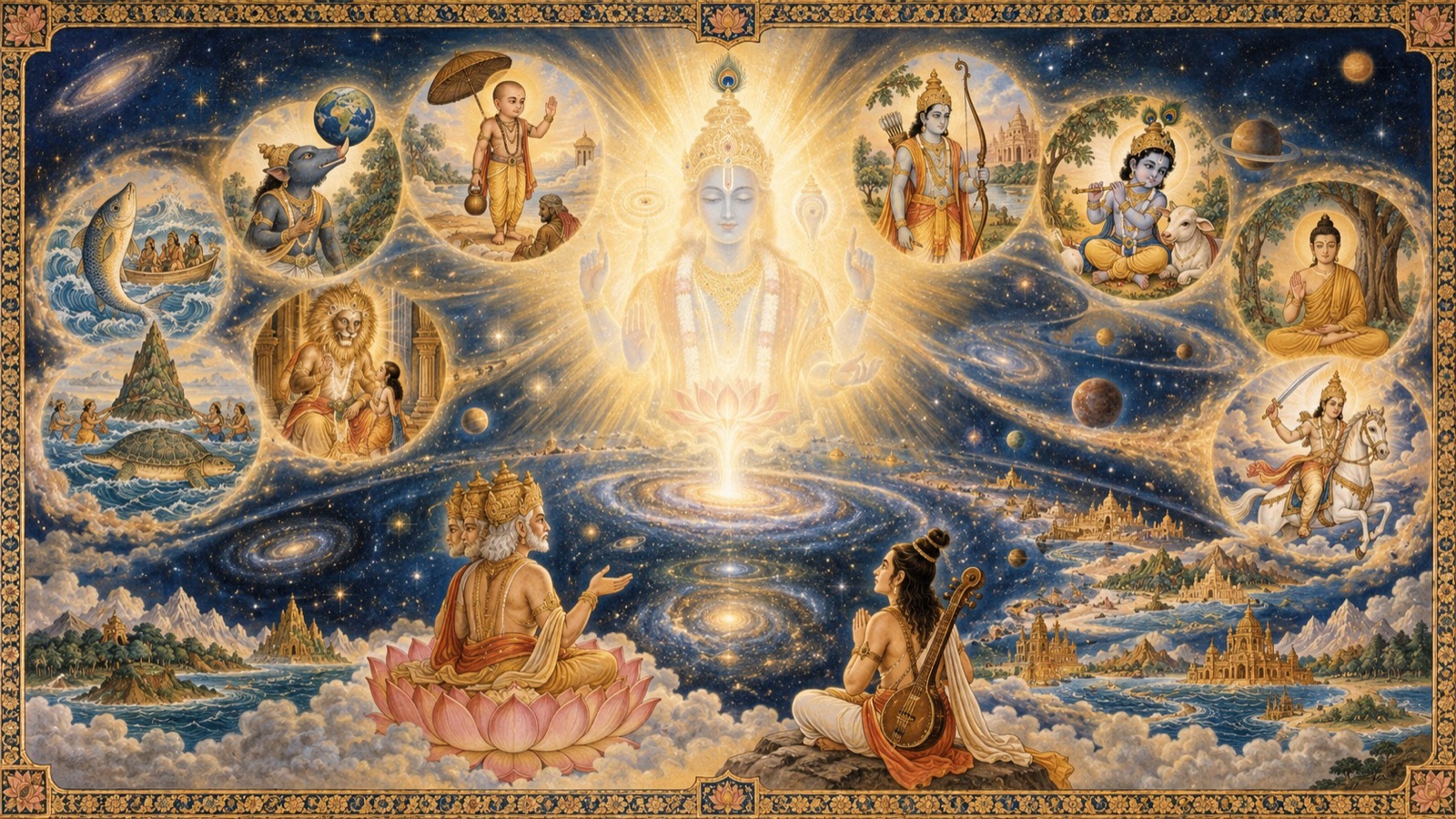 A luminous panorama of the Lord's descents, from Varaha lifting the earth to Kalki riding forth at the end of the ages