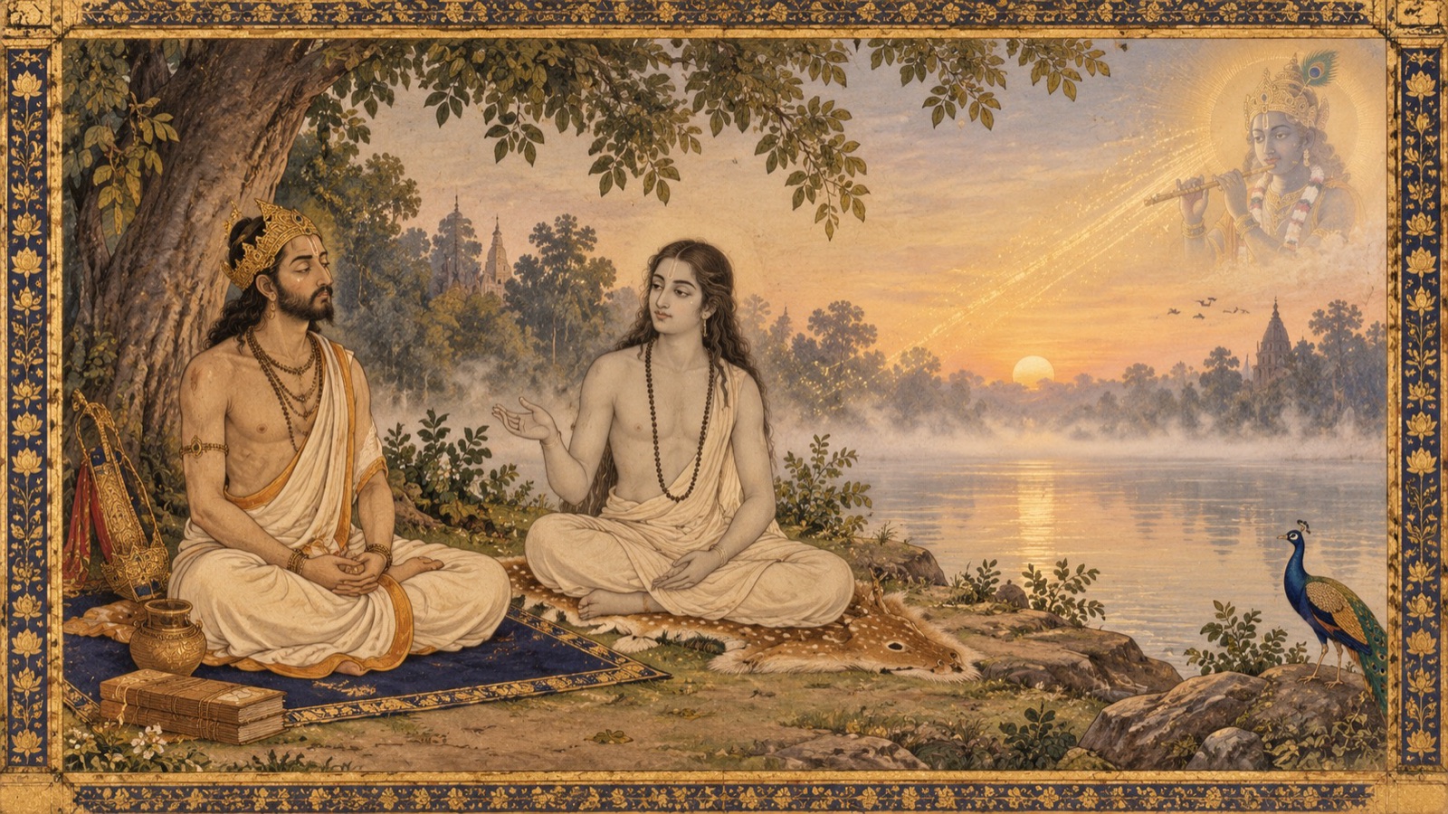 King Parikshit seated in meditation on the bank of the Ganga, asking Sukadeva Gosvami how to fix the mind on the Lord before death