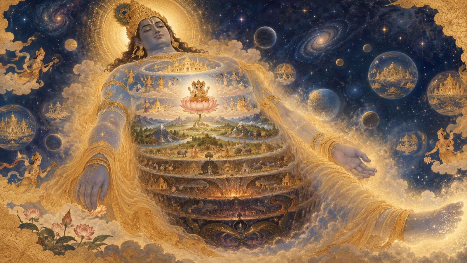 The luminous Cosmic Being with the worlds of the universe conceived within His limbs, and Brahma seated upon the navel lotus