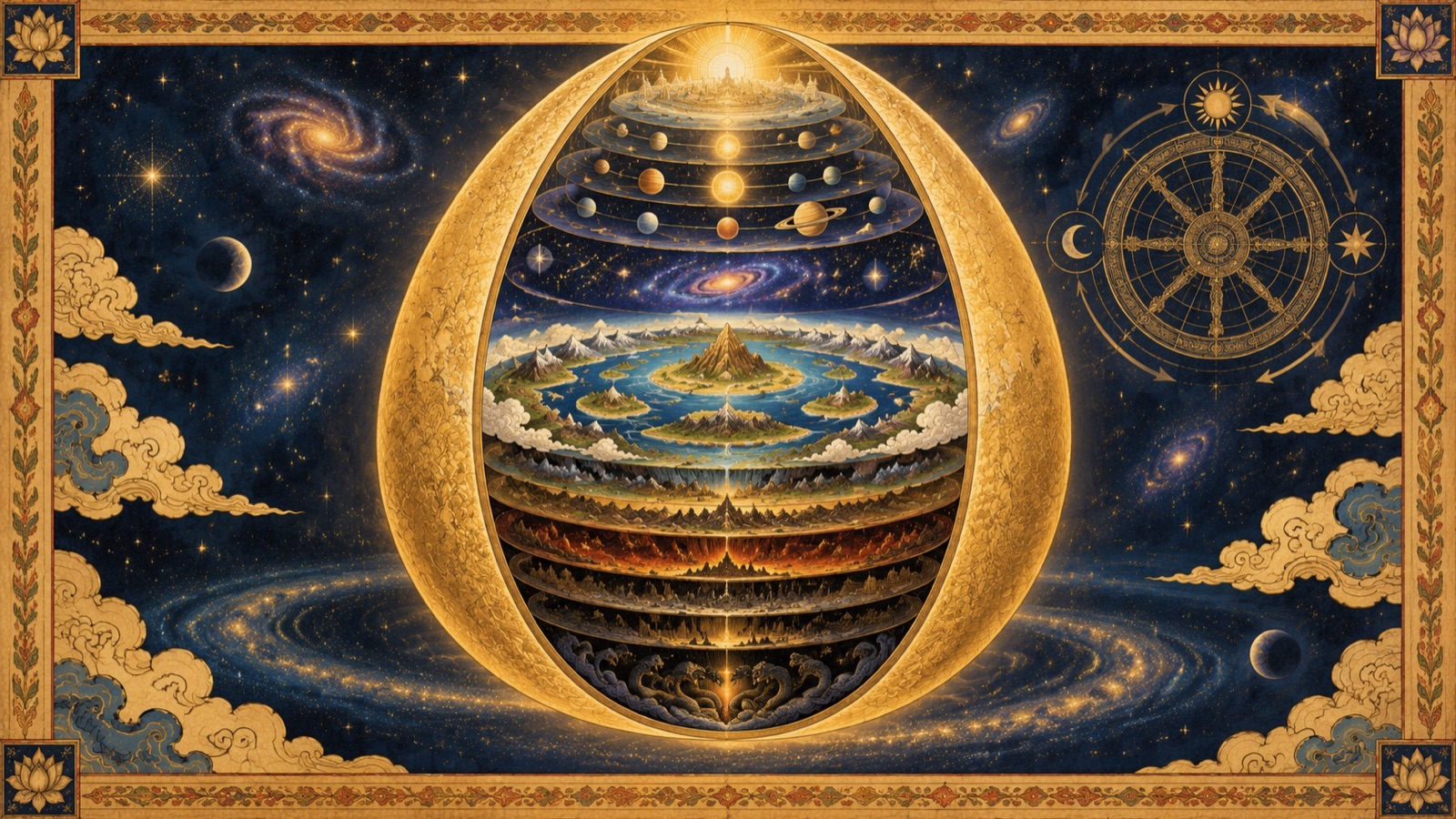 A luminous cosmic egg containing the earth, Patala, and the layered planetary systems, evoking the measure of Kalpas and time