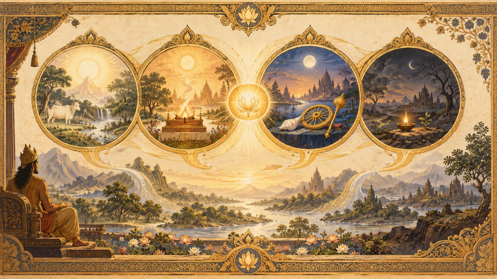 Symbolic representations of the four Yugas alongside faint radiant glimpses of the Lord's incarnations across the ages