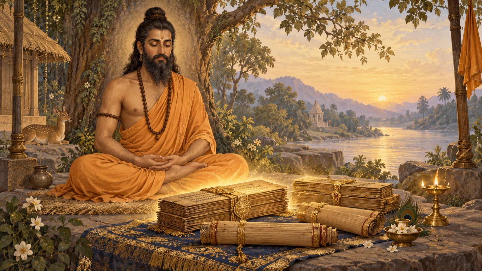 A seated Yogi in meditation before radiant symbolic scrolls representing the Vedas, Dharma-shastras, Itihasas, and Puranas