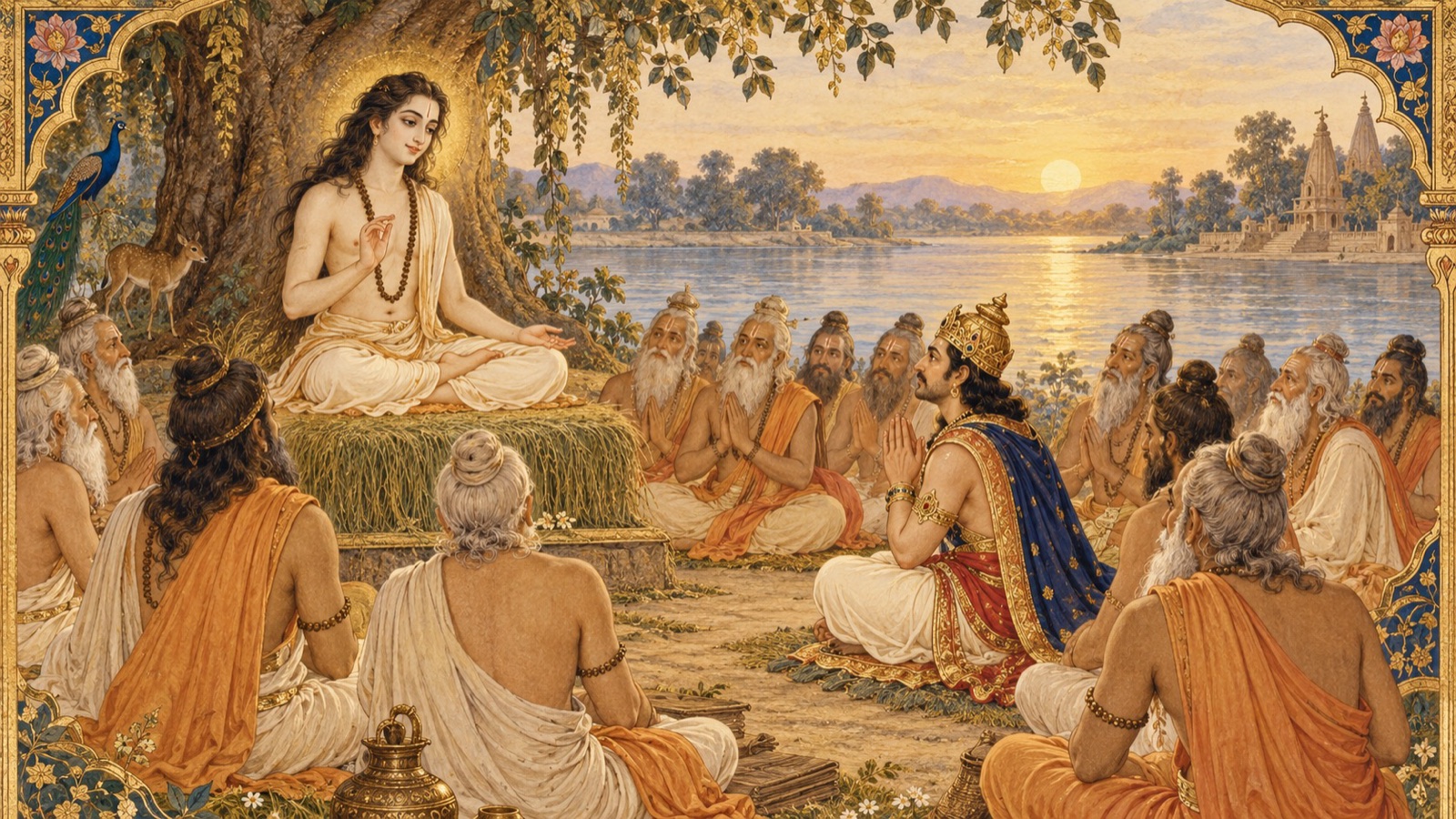 The sage Suka, radiant and pleased, beginning to speak the Bhagavata-Purana before King Parikshit and the assembled sages