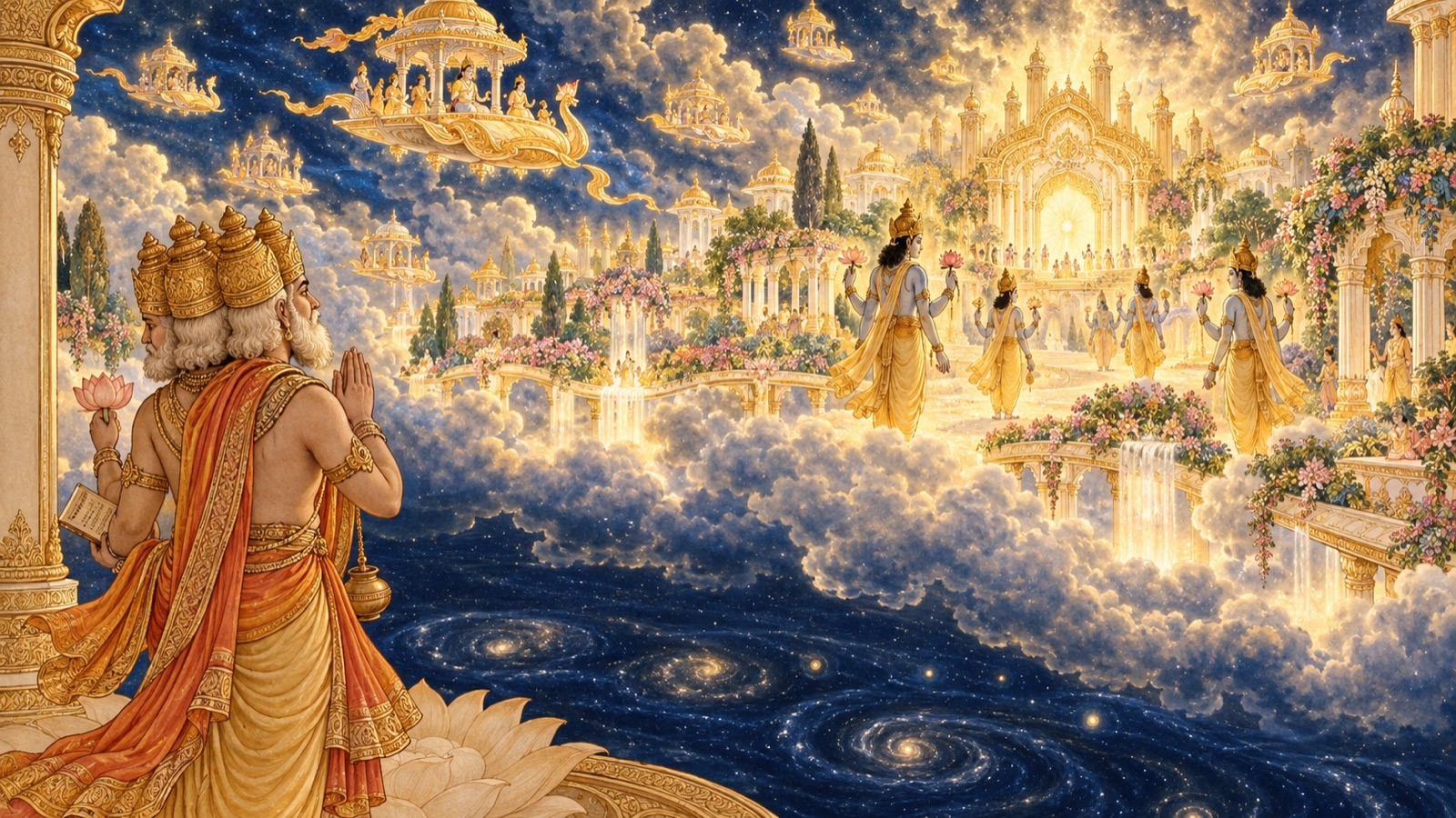 Brahma beholding a radiant transcendent realm filled with four-armed attendants and glowing aerial cars