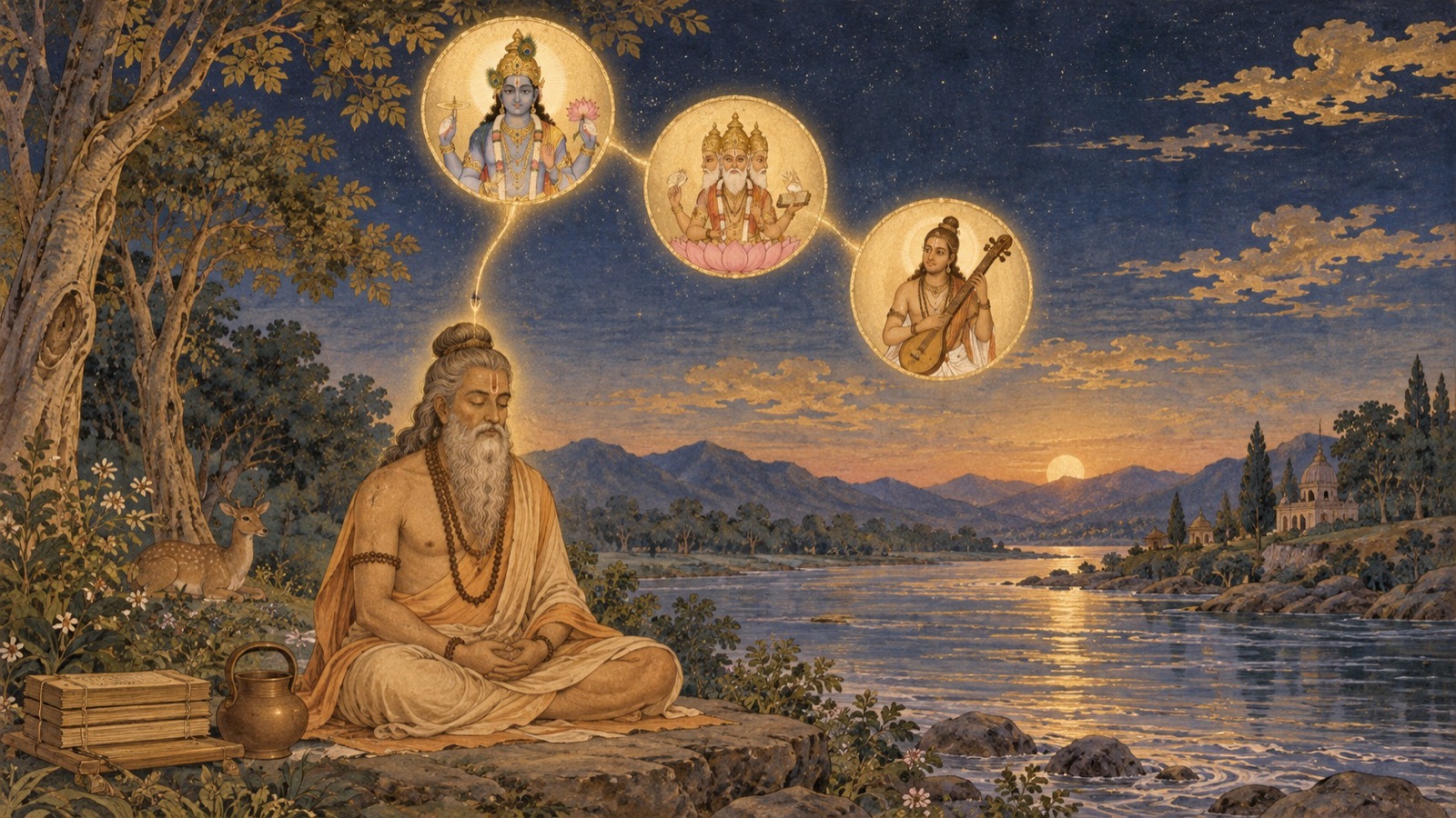 A luminous chain of transmission linking the Lord, Brahma, Narada, and the sage Vyasa seated by the river Saraswati