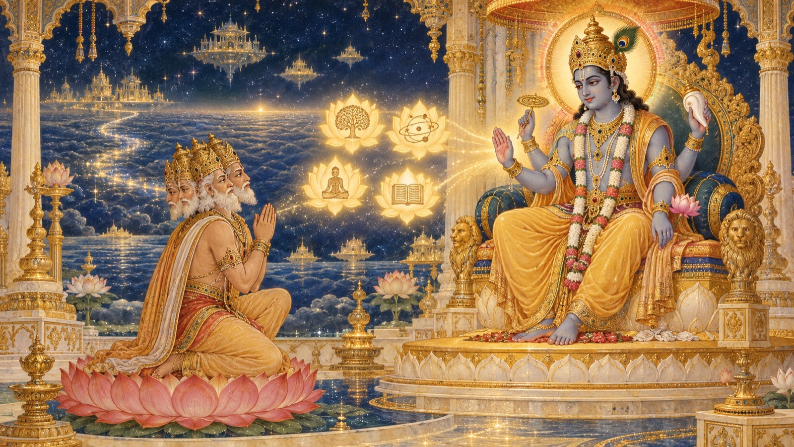 The Lord reveals His transcendent Abode to Brahma and speaks the four essential verses of the Bhagavata
