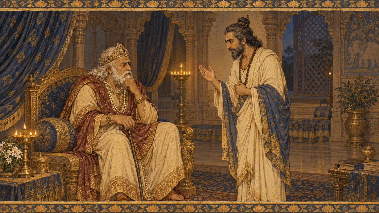 Vidura offering counsel to his brother King Dhritarashtra in a private chamber of the Hastinapura palace