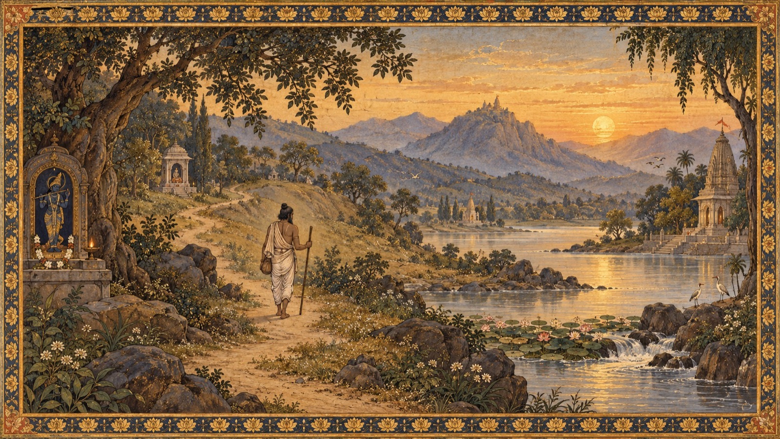 Vidura walking alone as a recluse pilgrim through forests, sacred groves, and rivers across Bharatavarsa