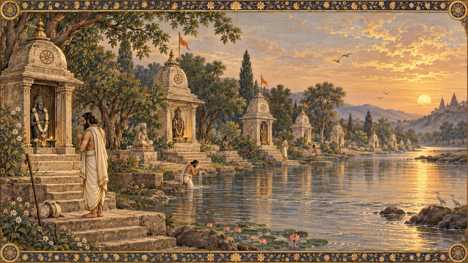 Vidura visiting eleven sacred fords and shrines along the bank of the river Saraswati
