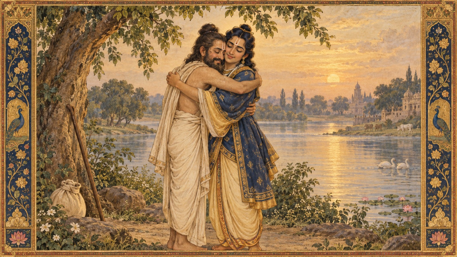 Vidura and Uddhava embracing joyfully on the bank of the river Yamuna