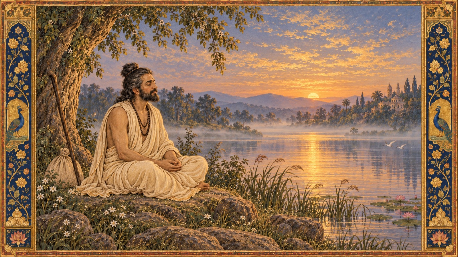 Vidura seated in calm meditative reflection beside the river, at peace despite his exile