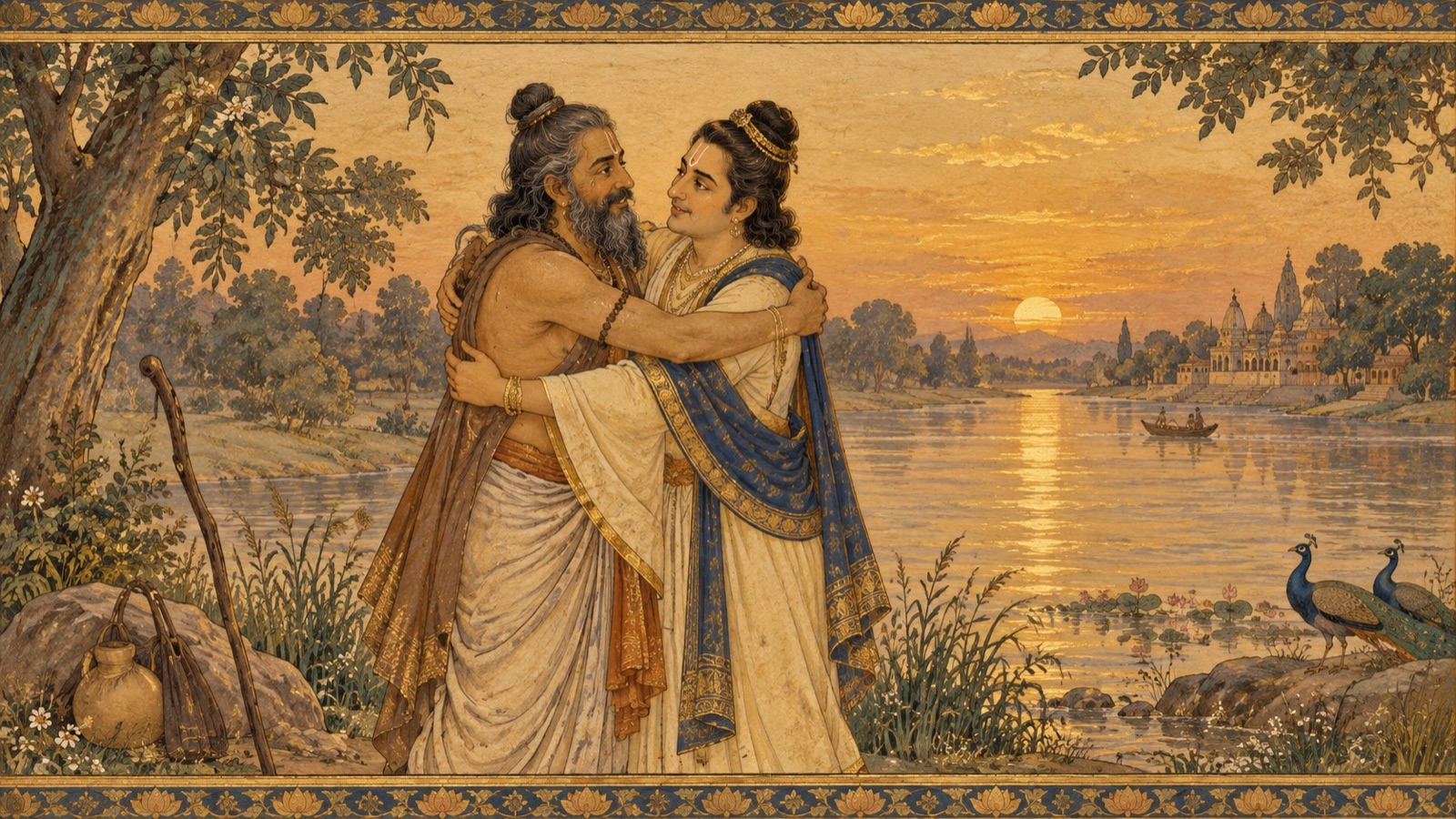 Vidura and Uddhava embracing warmly on the bank of the river Yamuna after years of separation