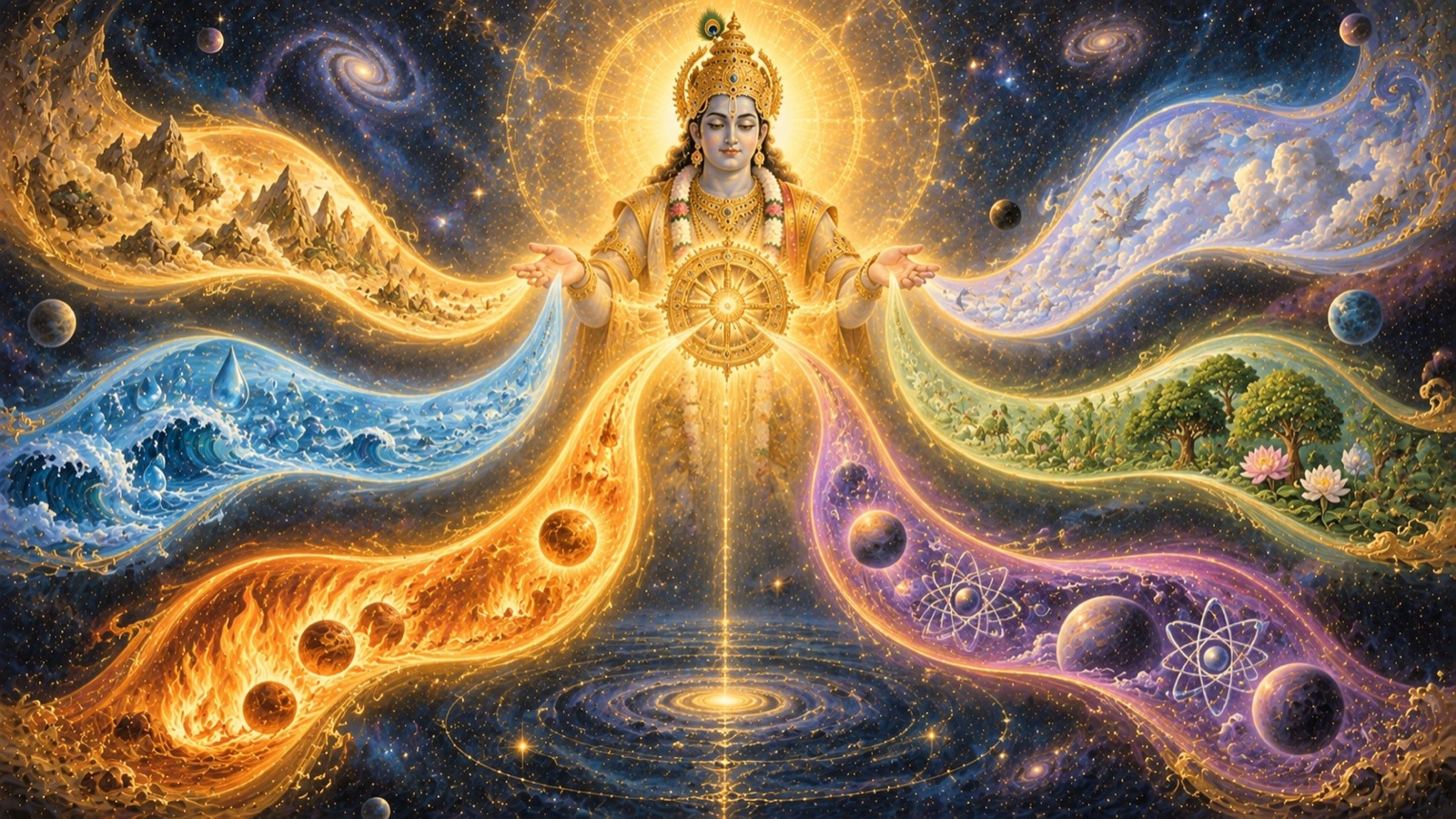 भगवान् की काल-शक्ति ब्रह्माण्ड को प्रकट करती हुई, तथा प्रकृति से प्रवाहित सृष्टि की छह धाराएँ बाहर की ओर विकिरित होती हुई
