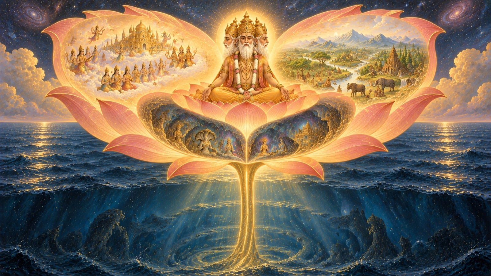 Brahma performing austere penance on the lotus, perceiving the primeval waters and dividing the lotus into the three worlds
