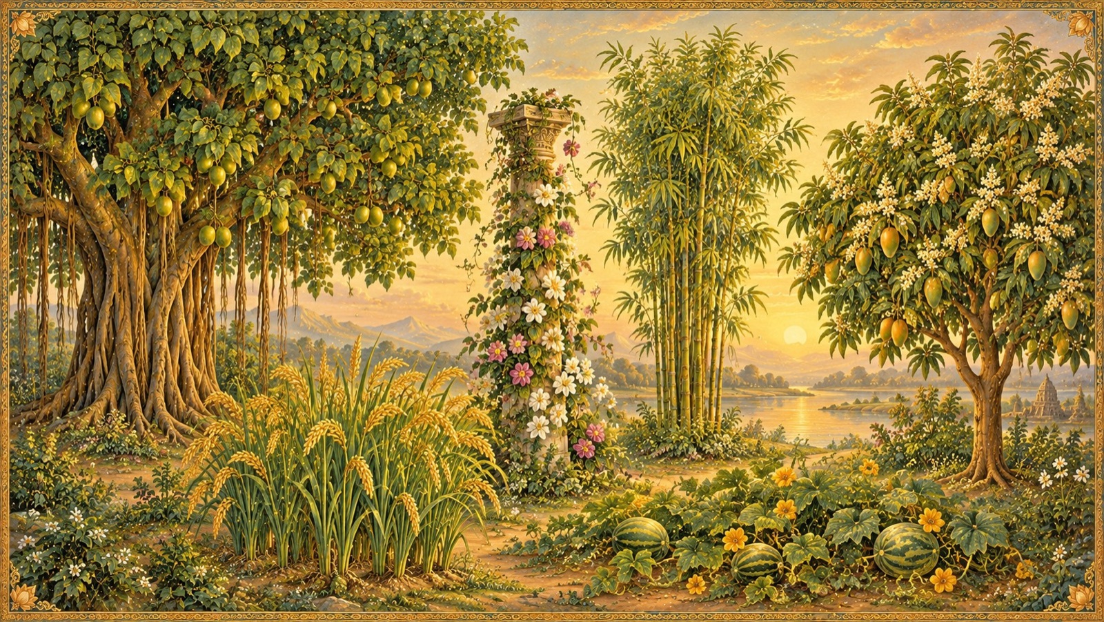 The six varieties of immobile creation - fruit-bearing trees, herbs, creepers and flowering trees - drawing nourishment from the earth