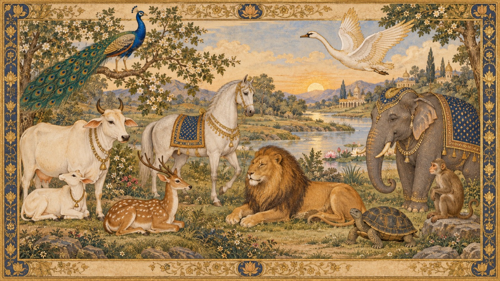The twenty-eight varieties of animal creation, including cloven-hoofed beasts, whole-hoofed beasts, five-clawed beasts and birds